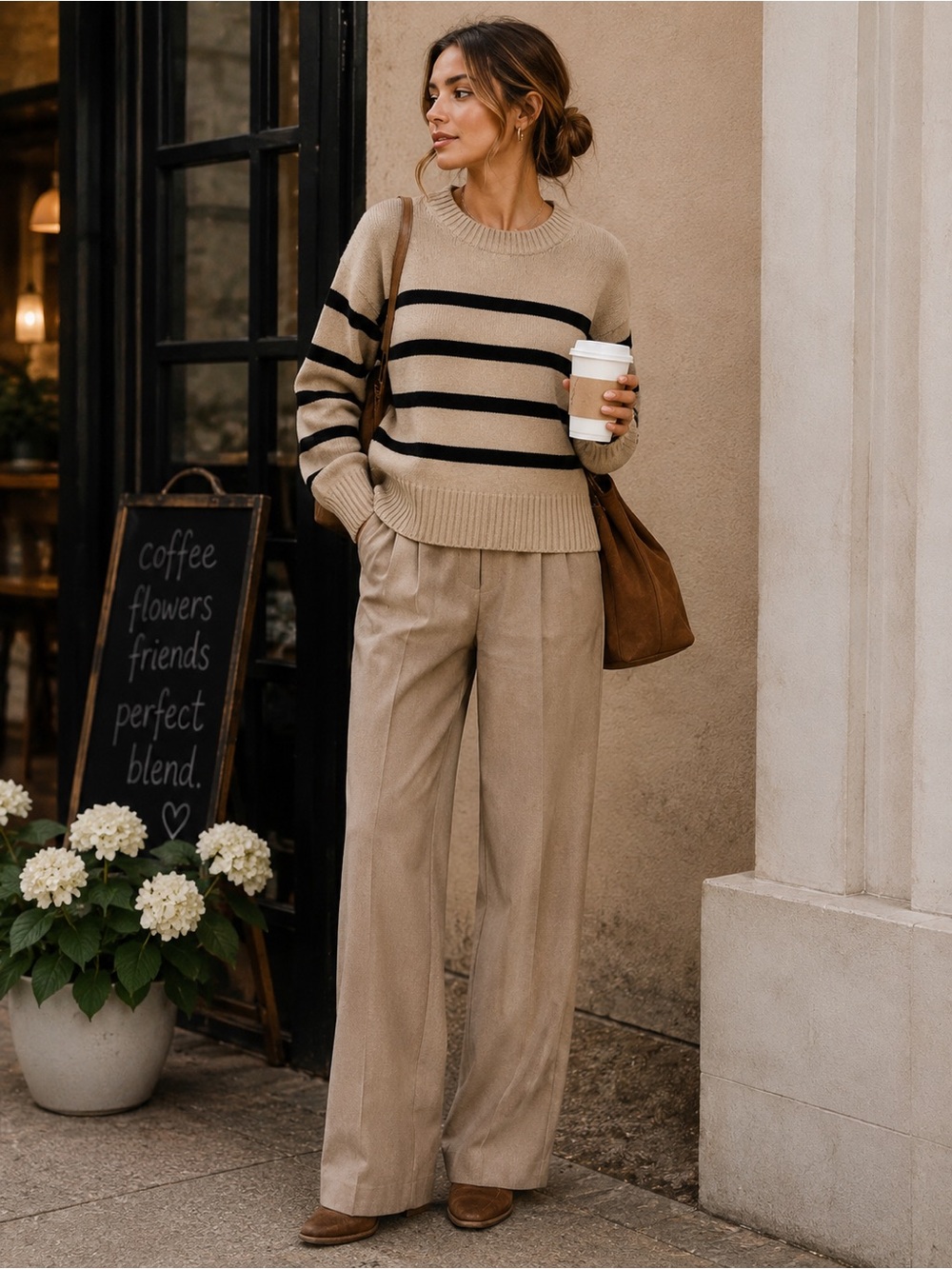 H&M Small Beige & Black Striped Knit Sweater | Cozy Classic Fall Style